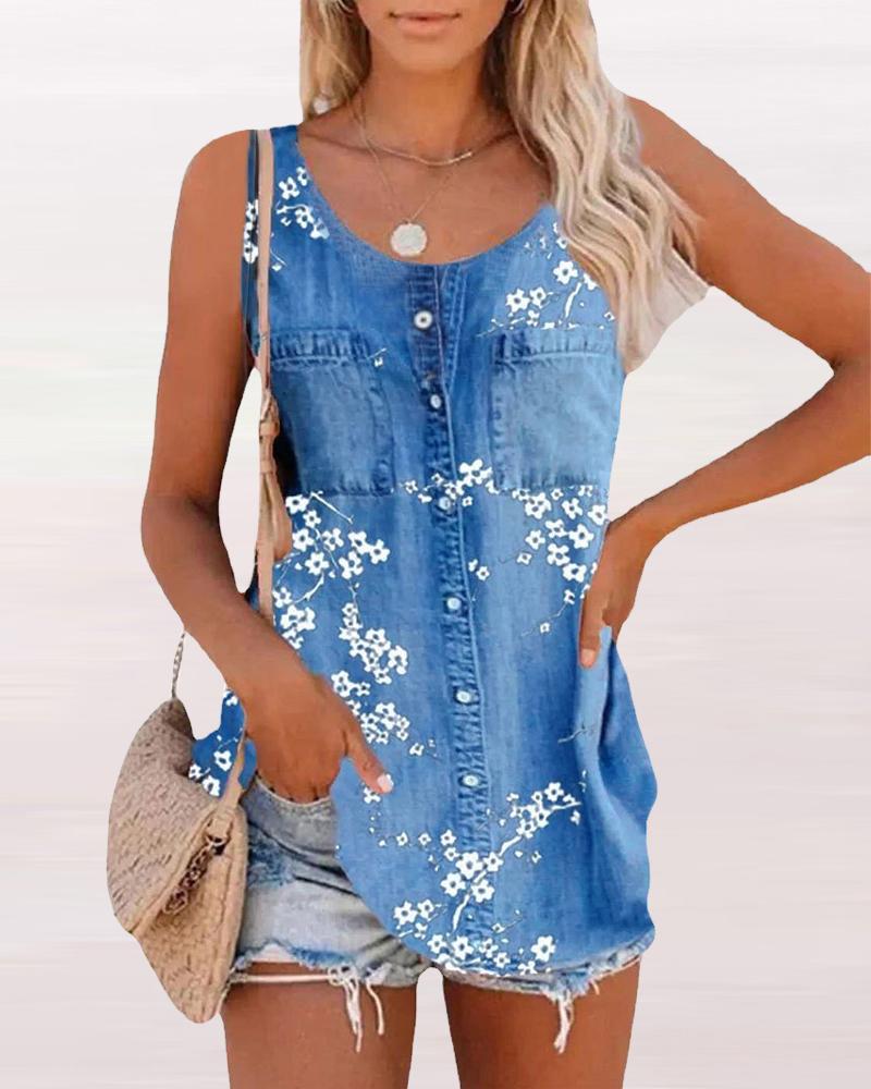 

Floral Denim Look Print Buttoned Tank Top, Blue