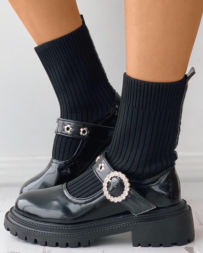 

Floral Pattern Eyelet Rhinestone Decor Chunky Mary Jane Sock Boots, Black