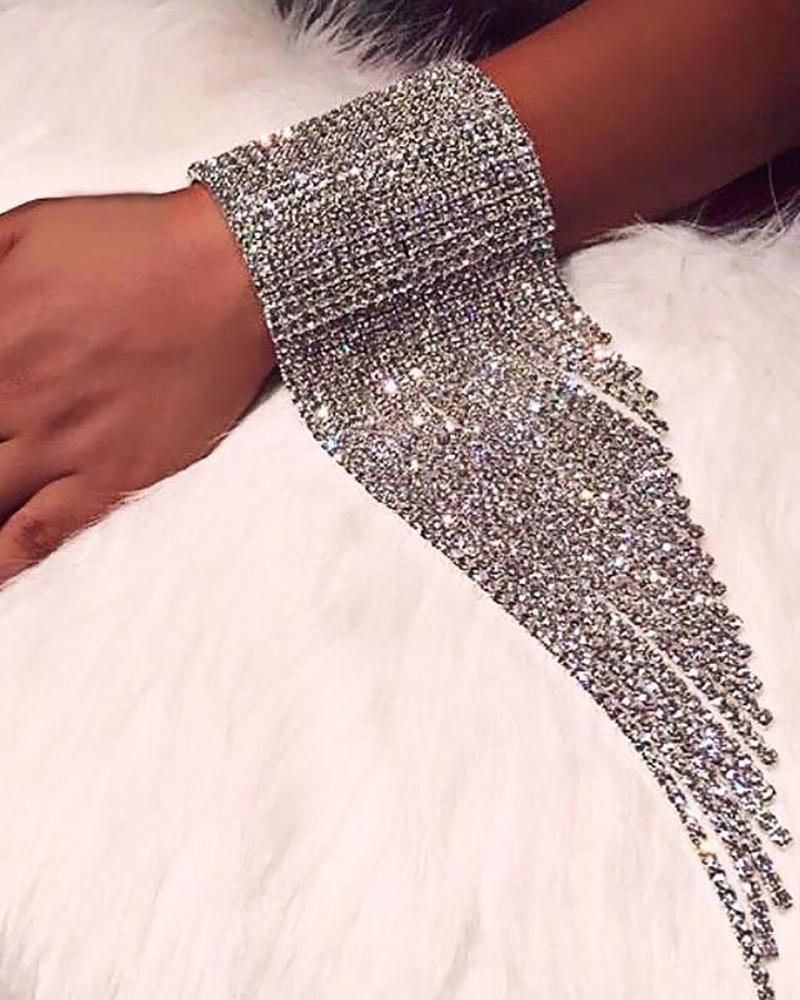 

Rhinestone Asymmetrical Tassel Design Wide Bracelet, Silver
