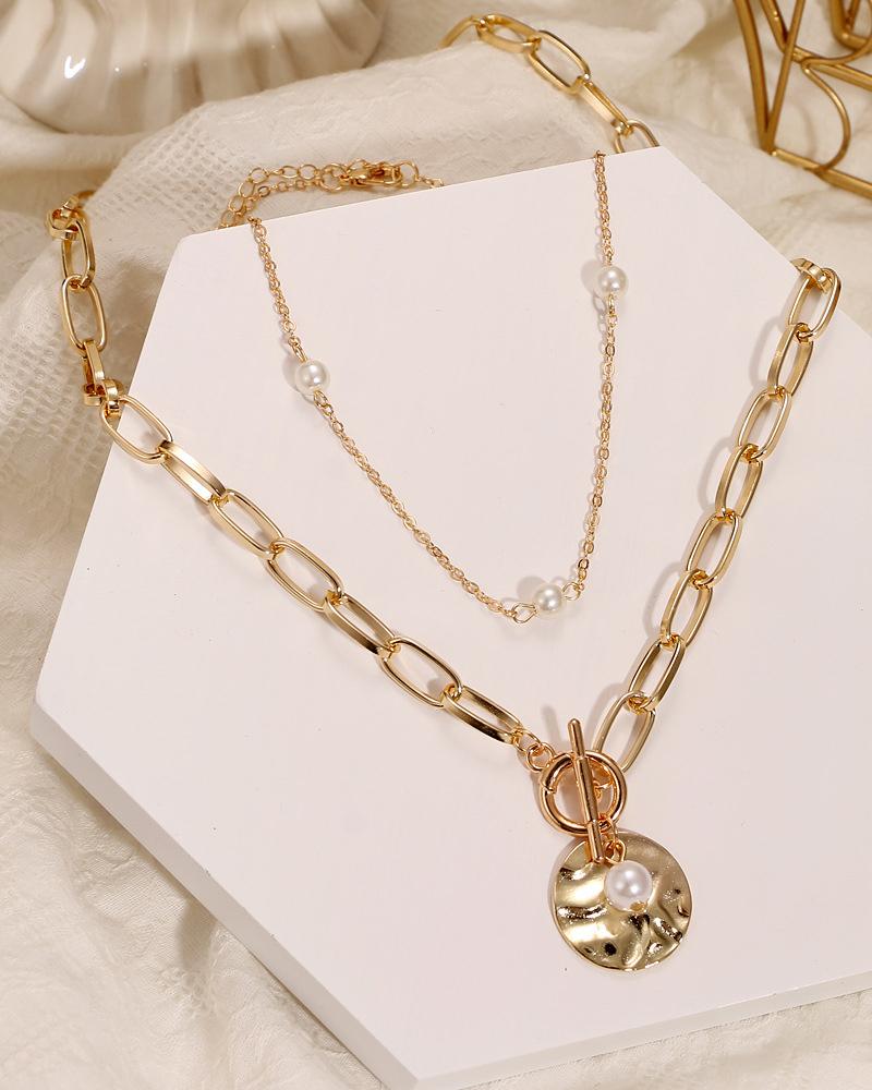 

1pc Pearls Decor Layered Pendant Necklace, Gold