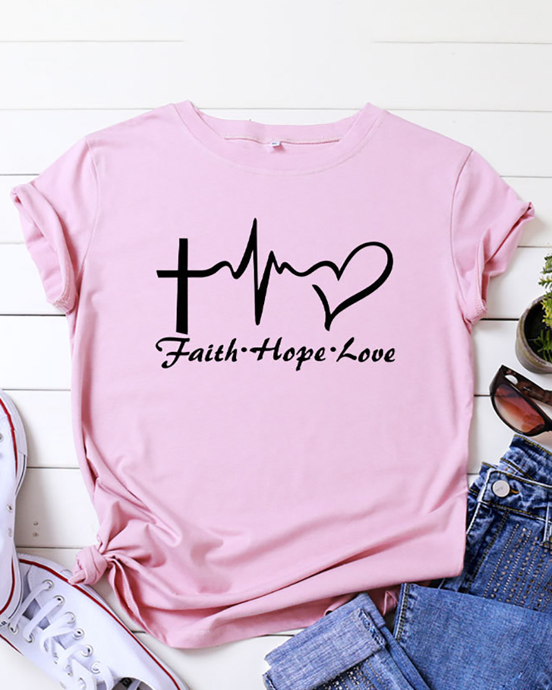 

Heart Letter Print Short Sleeve Top, Pink