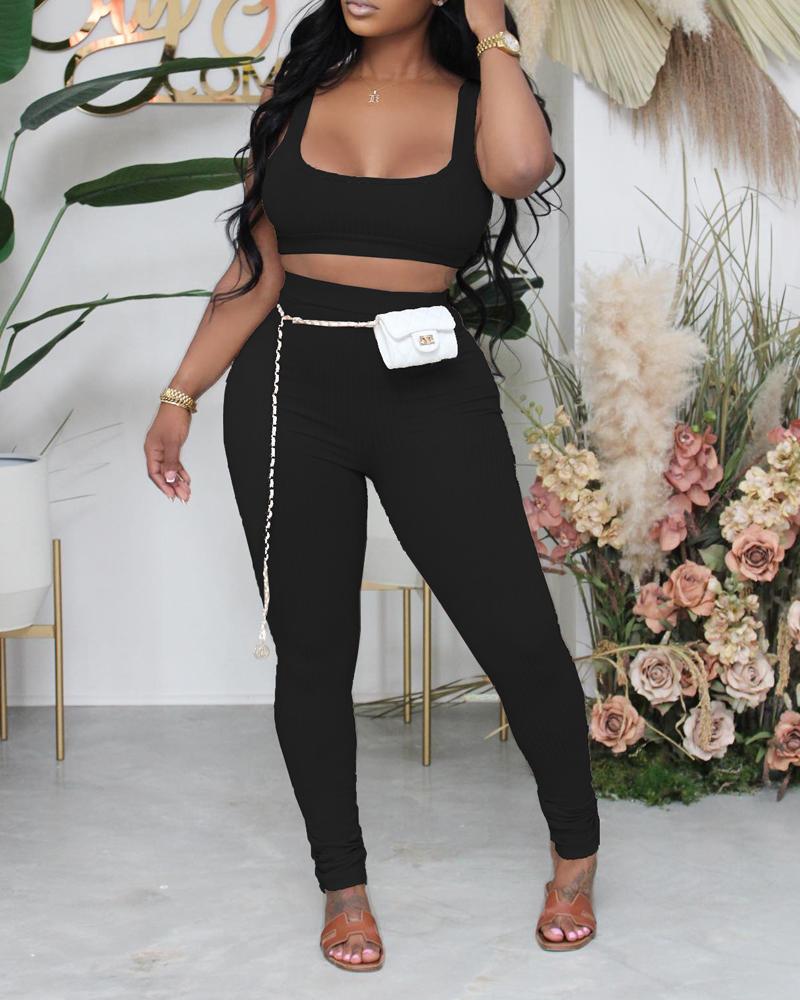 

Plus Size Ribbed U-Neck Crop Tank Top & Stacked Pants Set, Black