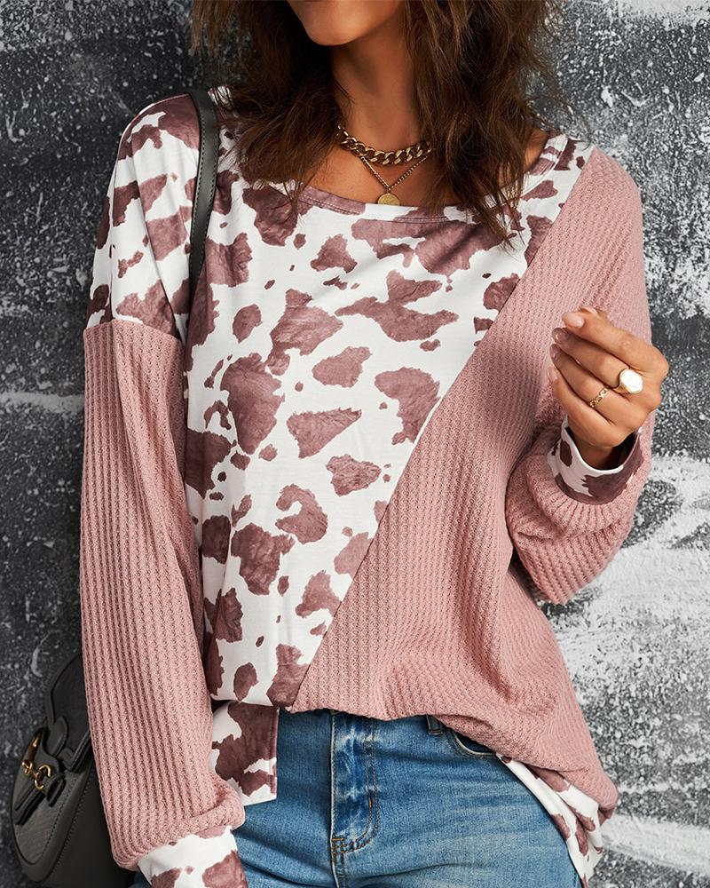 

Graphic Print Patchwork Long Sleeve Top, Pink