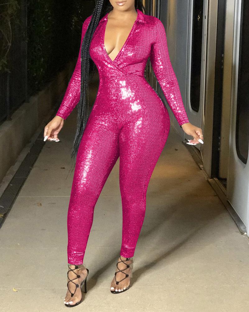 

Metallic Long Sleeve Skinny Jumpsuit, Hot pink