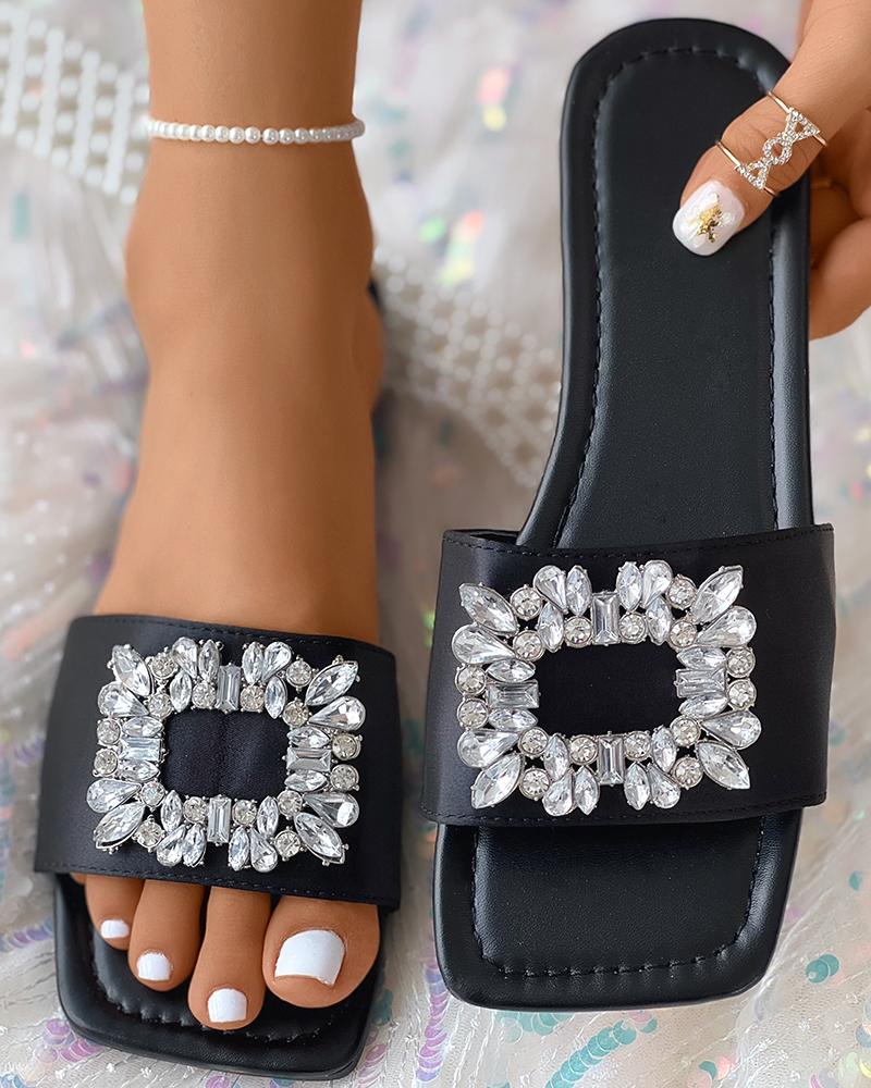 

Square Toe Rhinestone Decor Slippers, Black