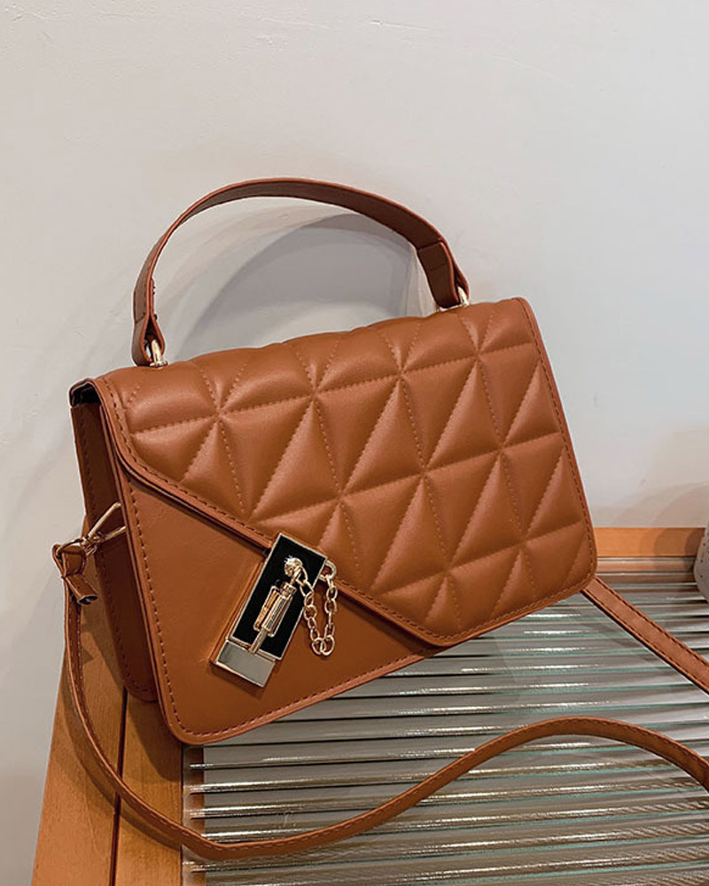 

Quilted Lock Flap Shoulder Bag With Handle, Brown
