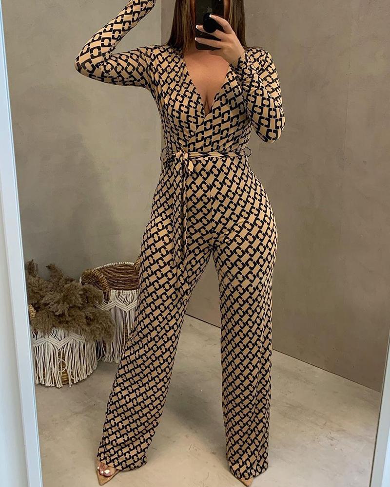 

Geometric Print Long Sleeve Belted Jumpsuit, Multicolor