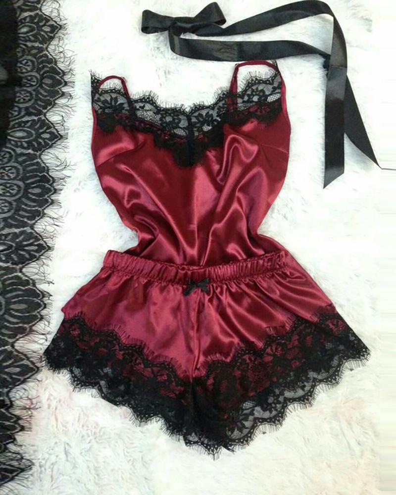 

Eyelash Lace Trim Satin Cami Set, Wine red
