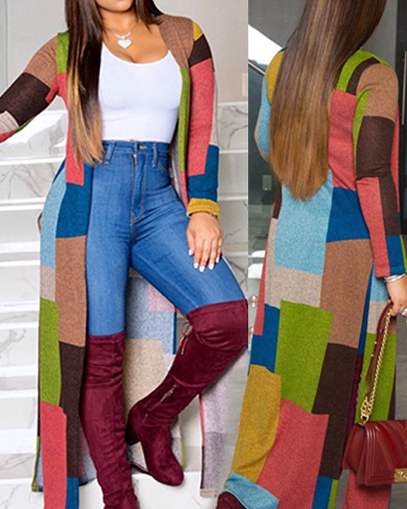 

Plus Size Geo Print Open Front Split Hem Longline Coat, Multicolor