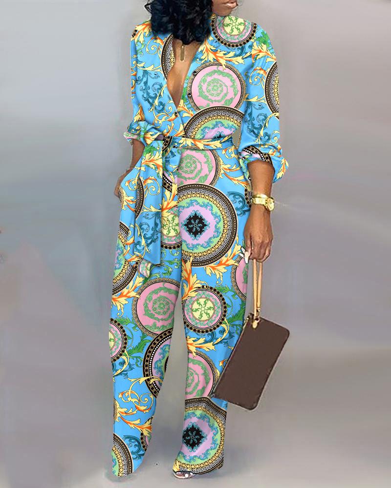 

Baroque Print Long Sleeve Belted Jumpsuit, Blue