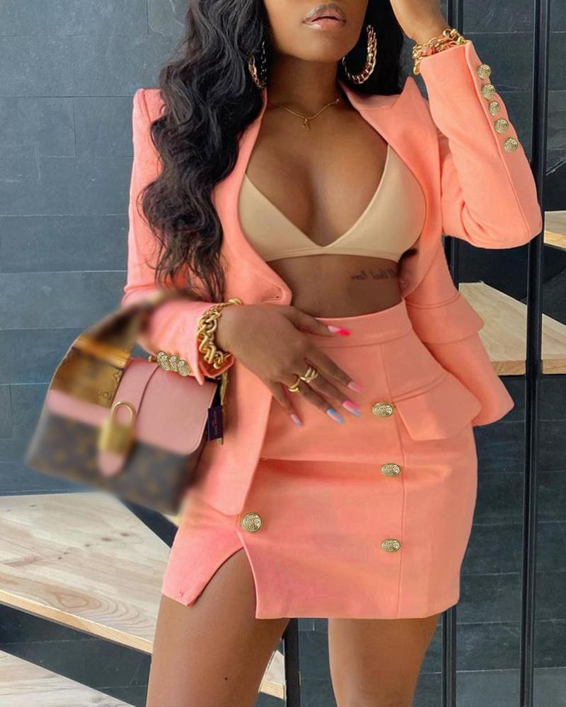 

Lapel Collar Flap Detail Blazer & Double Breasted Split Skirt Set, Pink