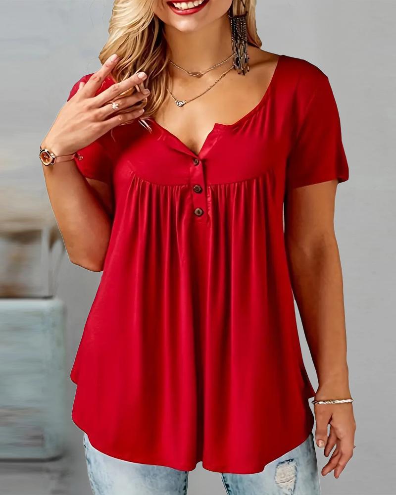 

Plus Size Ruched Buttoned Short Sleeve Top, Red