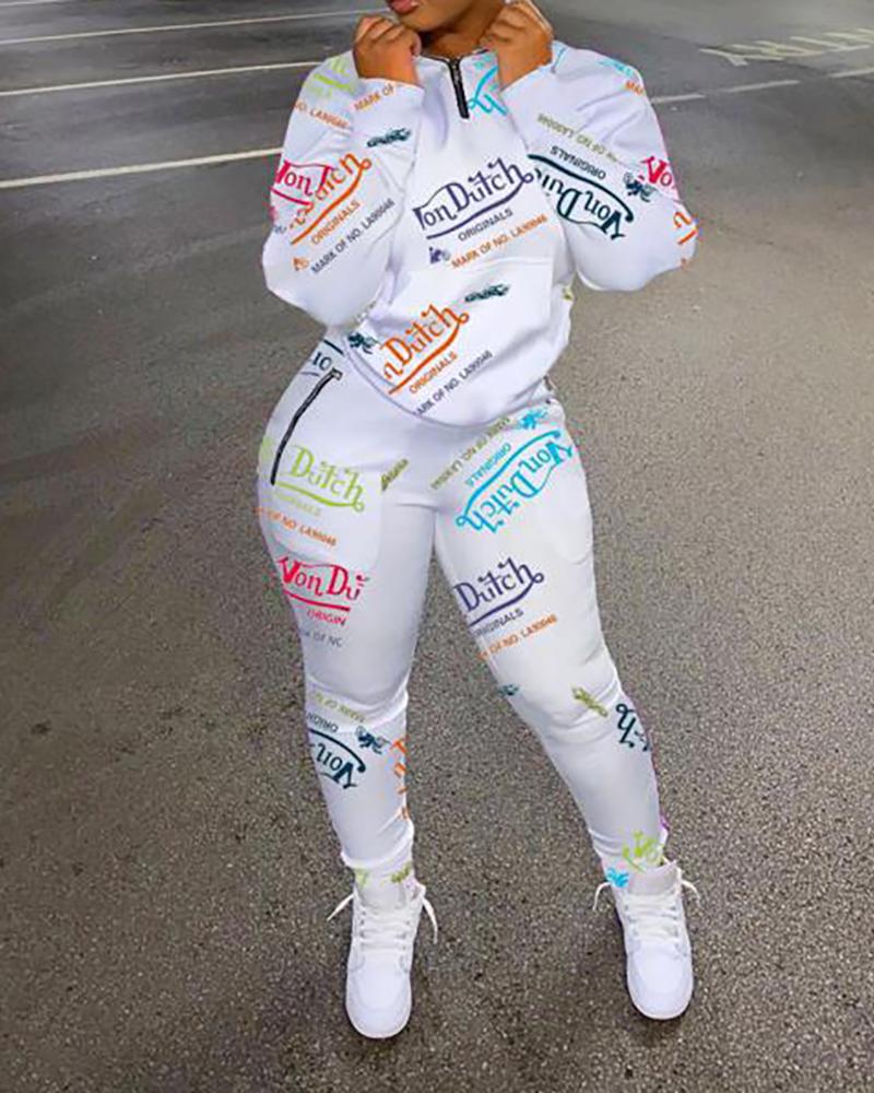 

Letter Print Zipper Design Long Sleeve Top & High Waist Pants Set, White