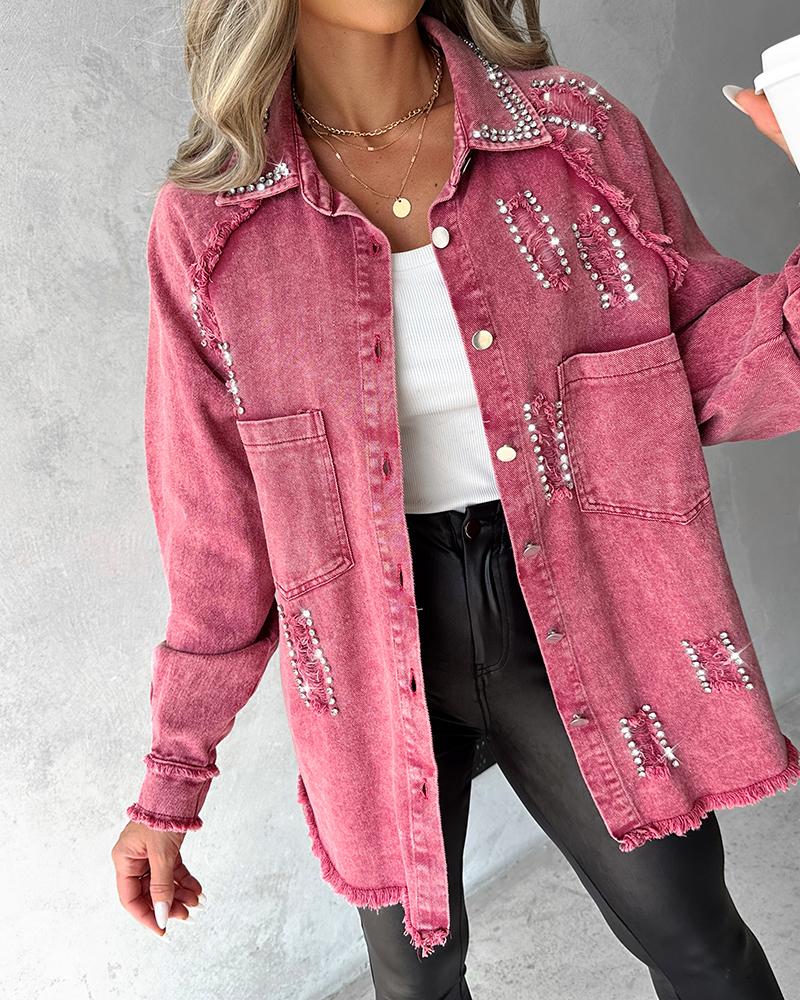 

Studded Rhinestone Pocket Design Denim Jacket, Pink