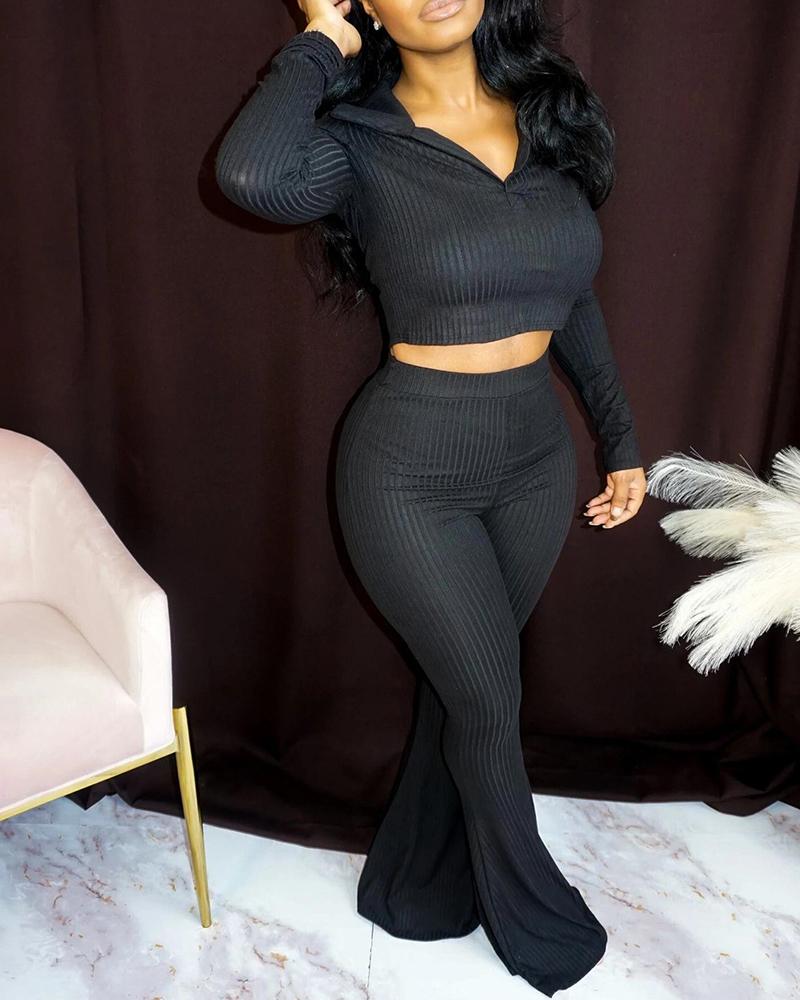 

Ribbed Long Sleeve Top & Bootcut Pants Set, Black