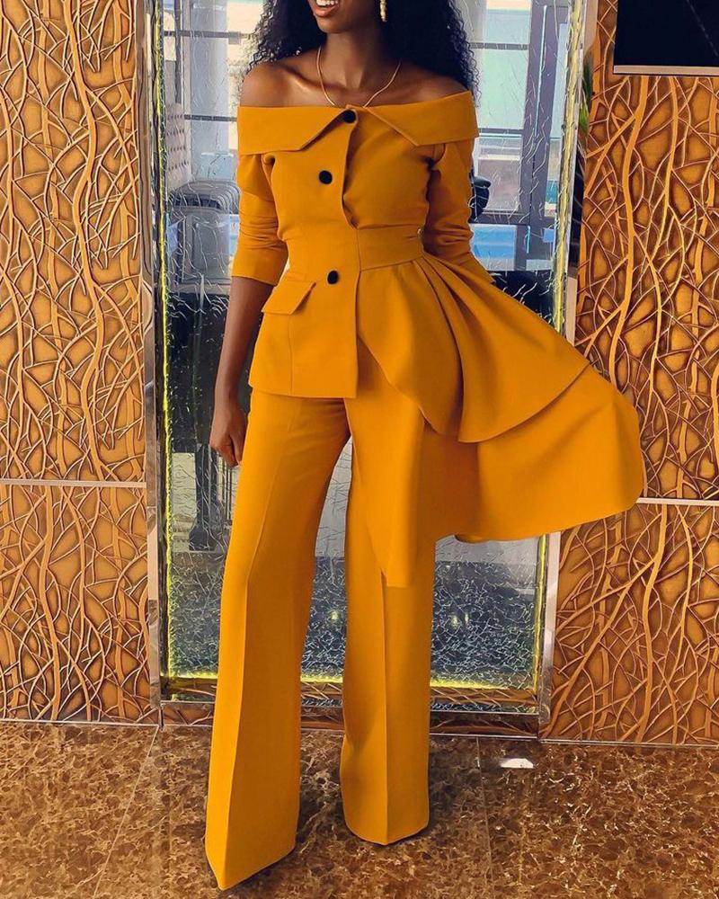

Off Shoulder Ruffles Asymmetrical Blazer Coat & Pants Set, Yellow