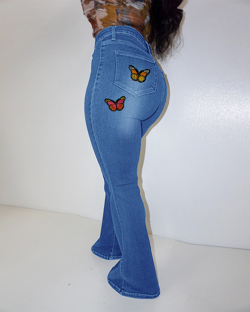 

Plus Size Butterfly Patch Zipper Fly Bootcut Jeans, Blue