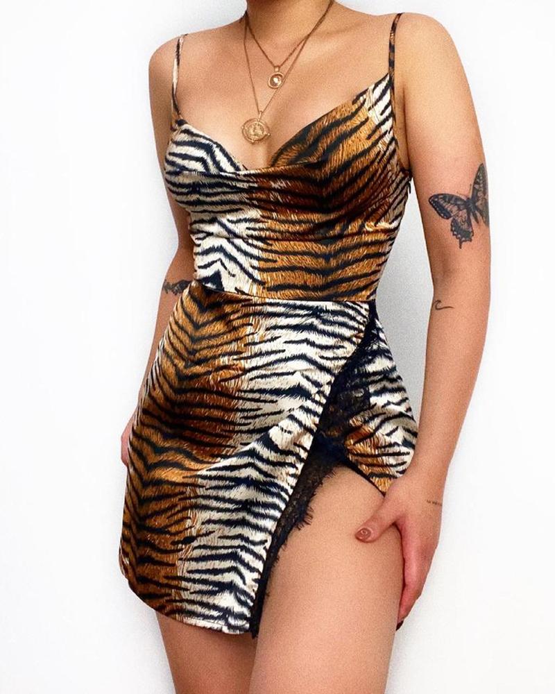 

Spaghetti Strap Leopard Print Slit Dress