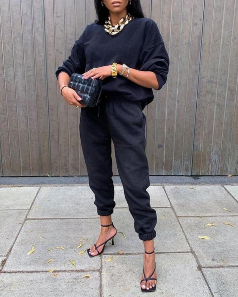 

O-Neck Long Sleeve Top & Pocket Design Pants Set, Black
