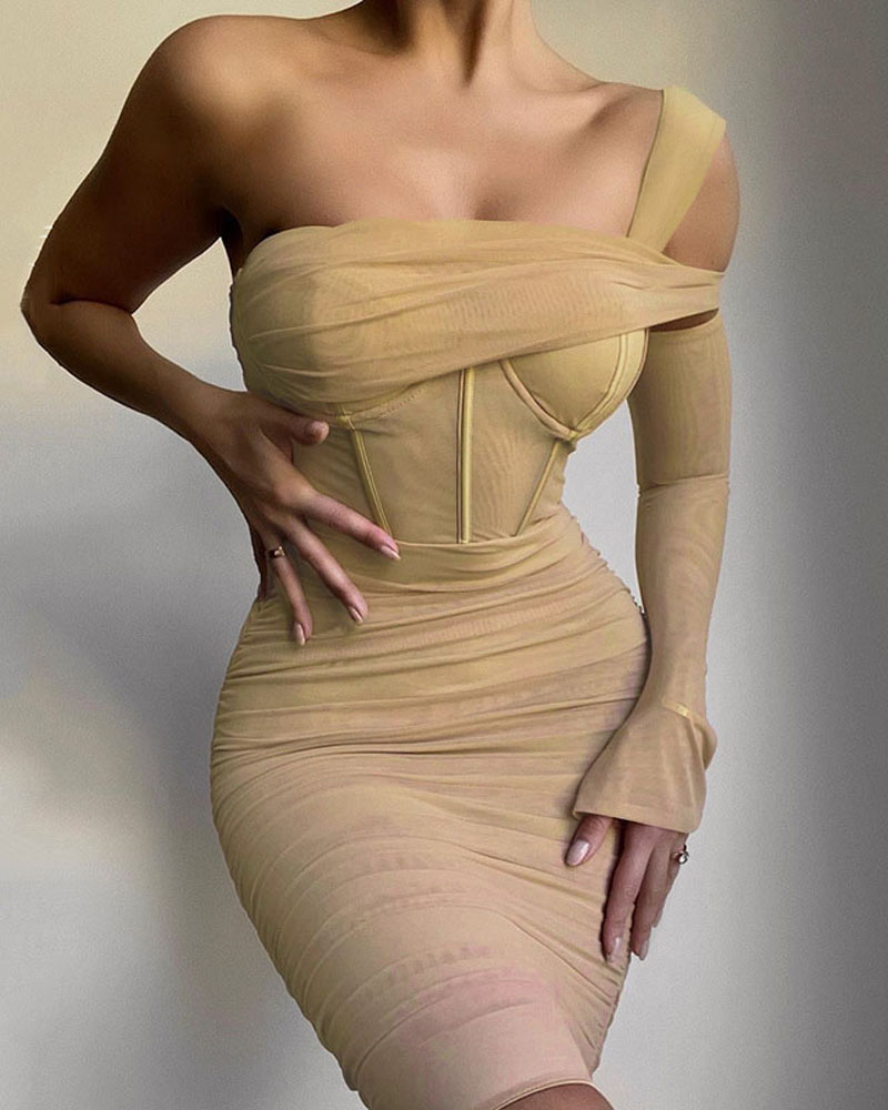 

One Shoulder Ruched Sheer Mesh Bodycon Dress, Khaki