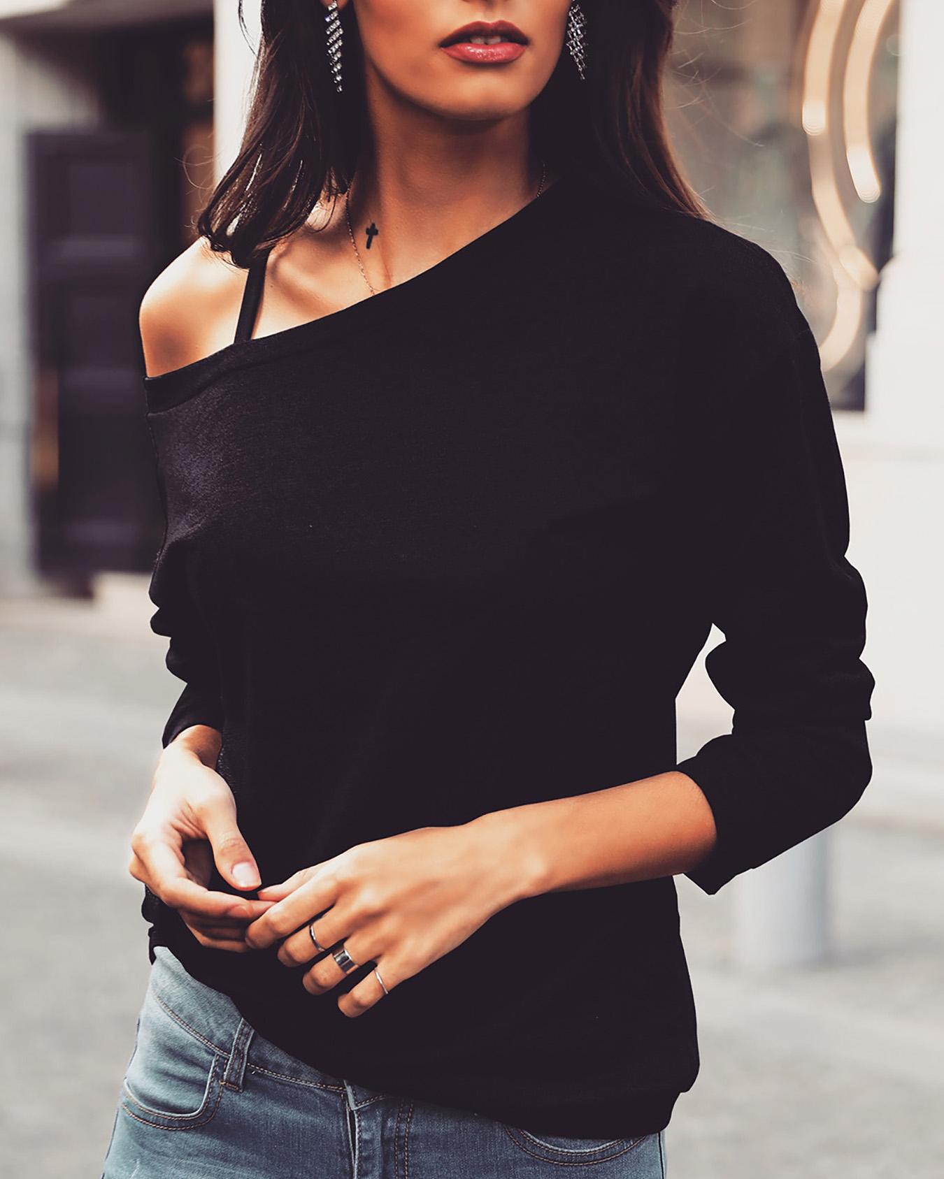 

Solid Skew Neck Long Sleeve Casual T-Shirt, Black