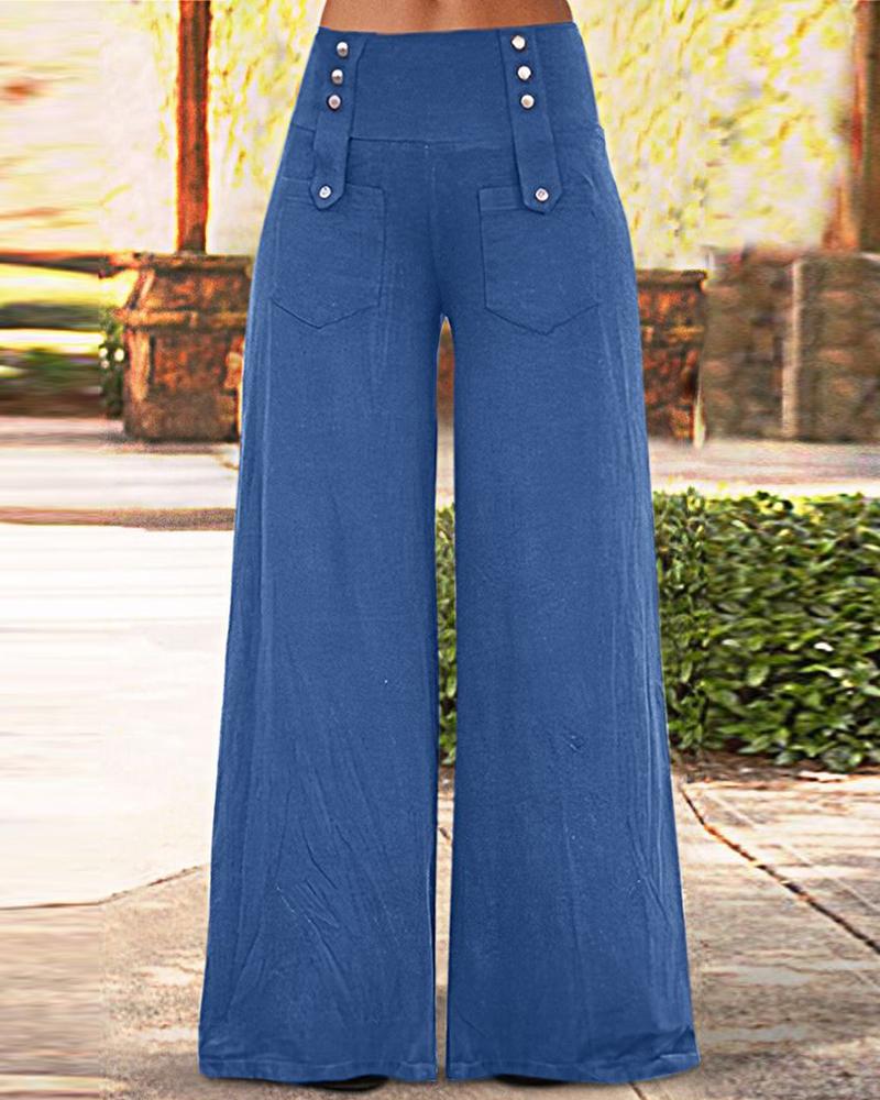 

Buttoned Pocket Design Wide Leg Pants, Blue