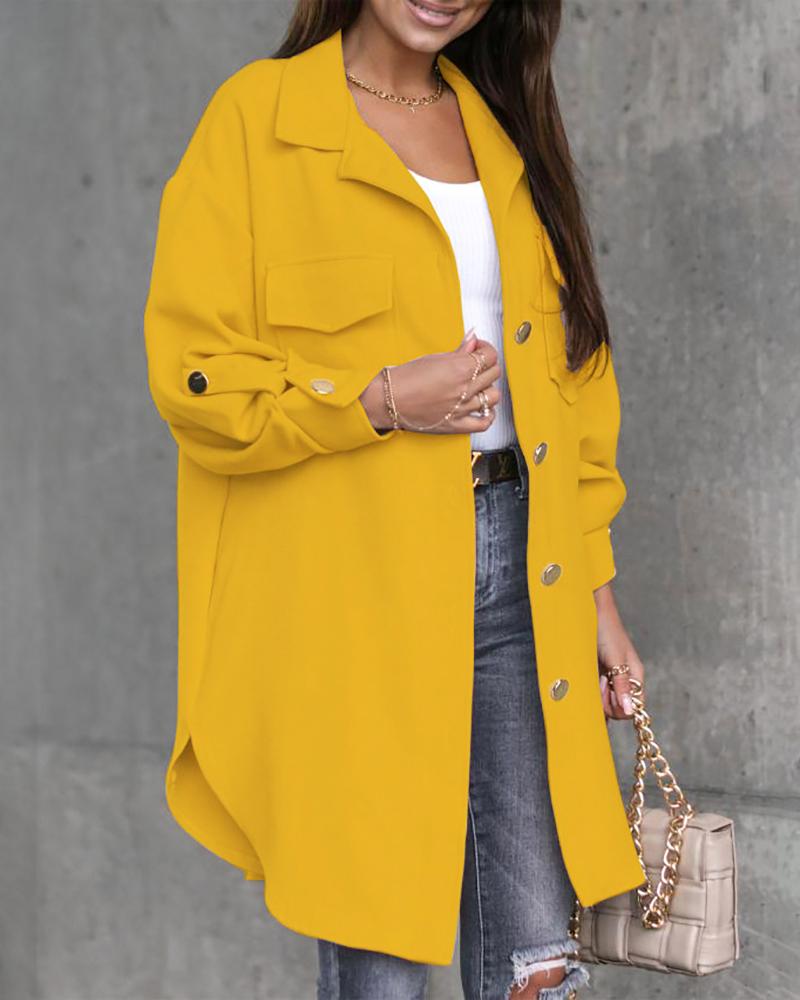 

Button Pocket Design Long Sleeve Shacket, Yellow