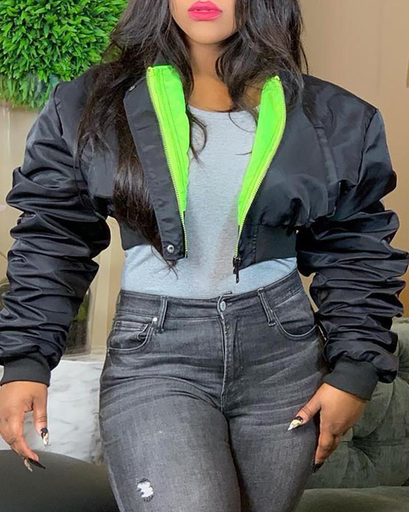 

Colorblock Zipper Design Long Sleeve Padded Coat, Black