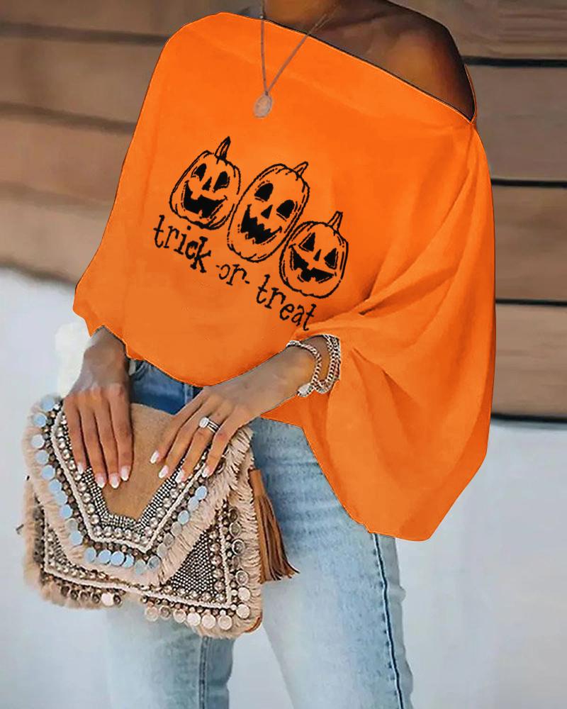 

Halloween Pumpkin Letter Print Lantern Sleeve Top, Orange