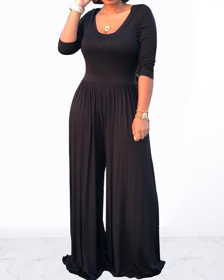 

Solid Long Sleeve Wide Leg Jumpsuit, Black