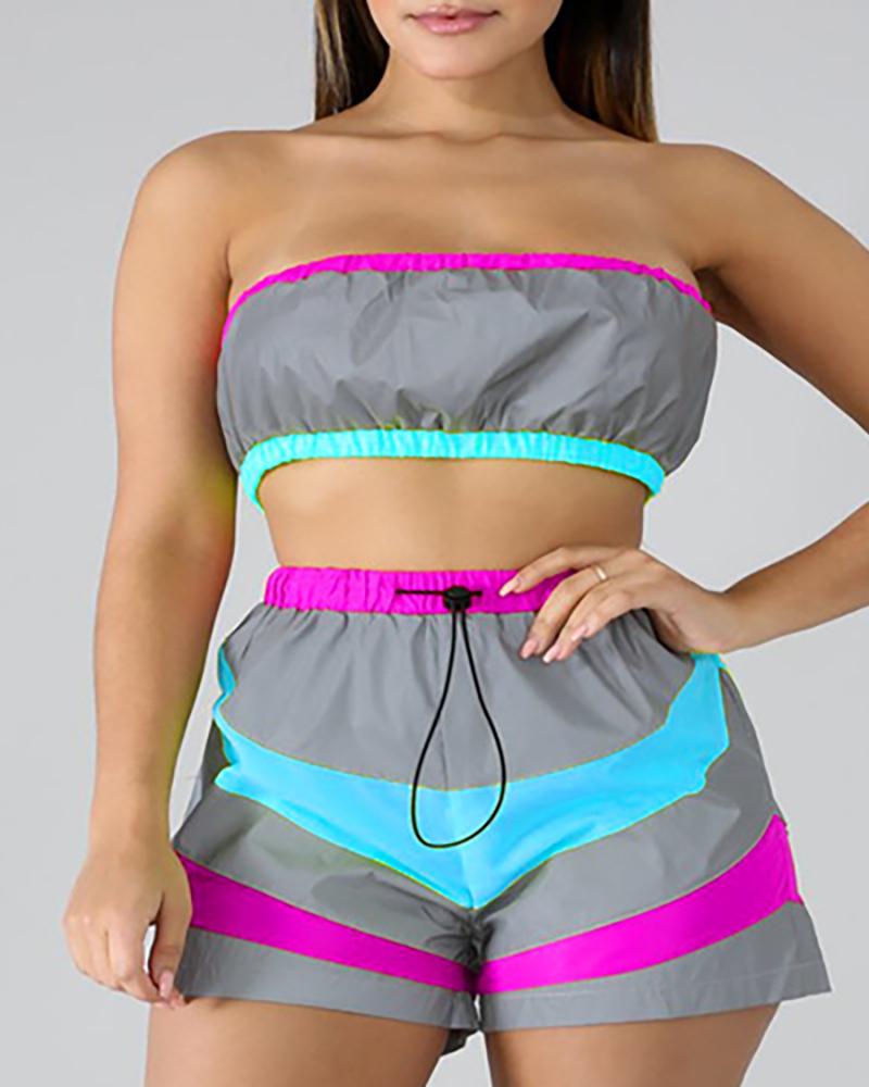 

Reflective Wrapped Chest Color Block Sports Set, Blue