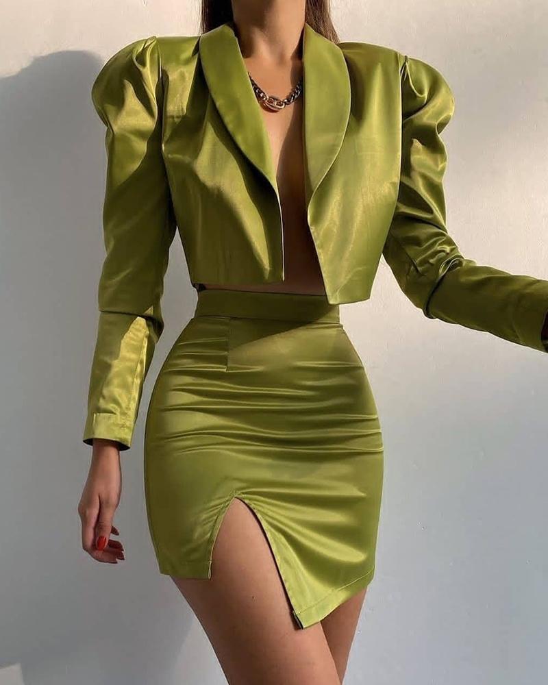 

Shawl Collar Puff Sleeve Crop Top & Split Skirt Set, Green