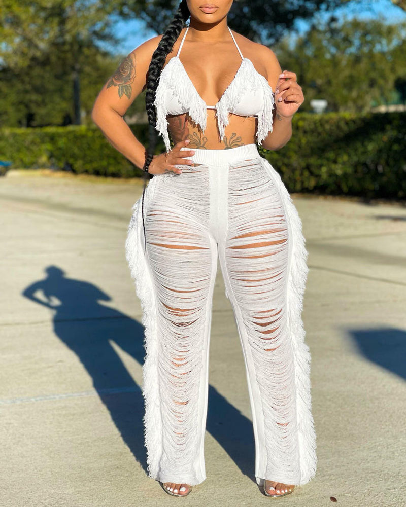 

Fringe Trim Halter Top & Ripped Pants Set, White