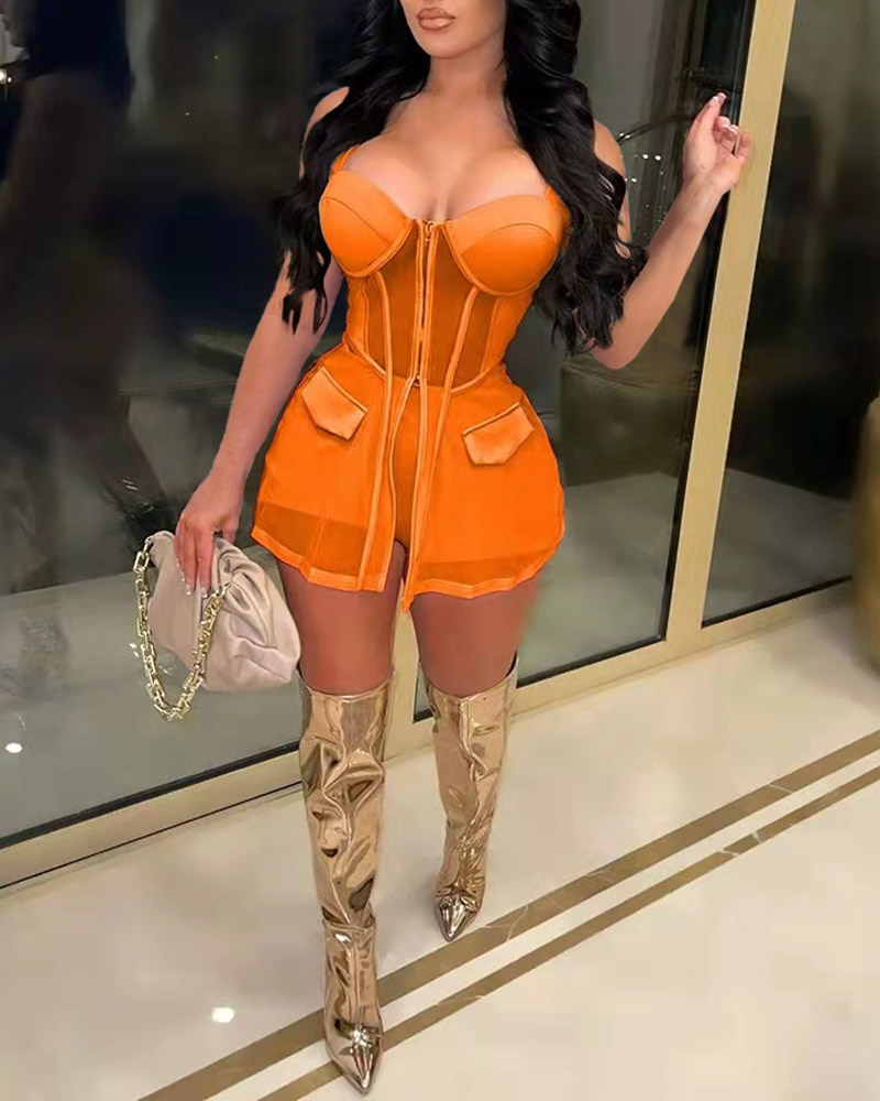 

Patchwork Sheer Mesh Zip Front Top & Shorts Set, Orange