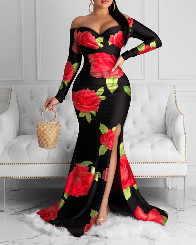 

Floral Print Off Shoulder Split Evening Dress, Black