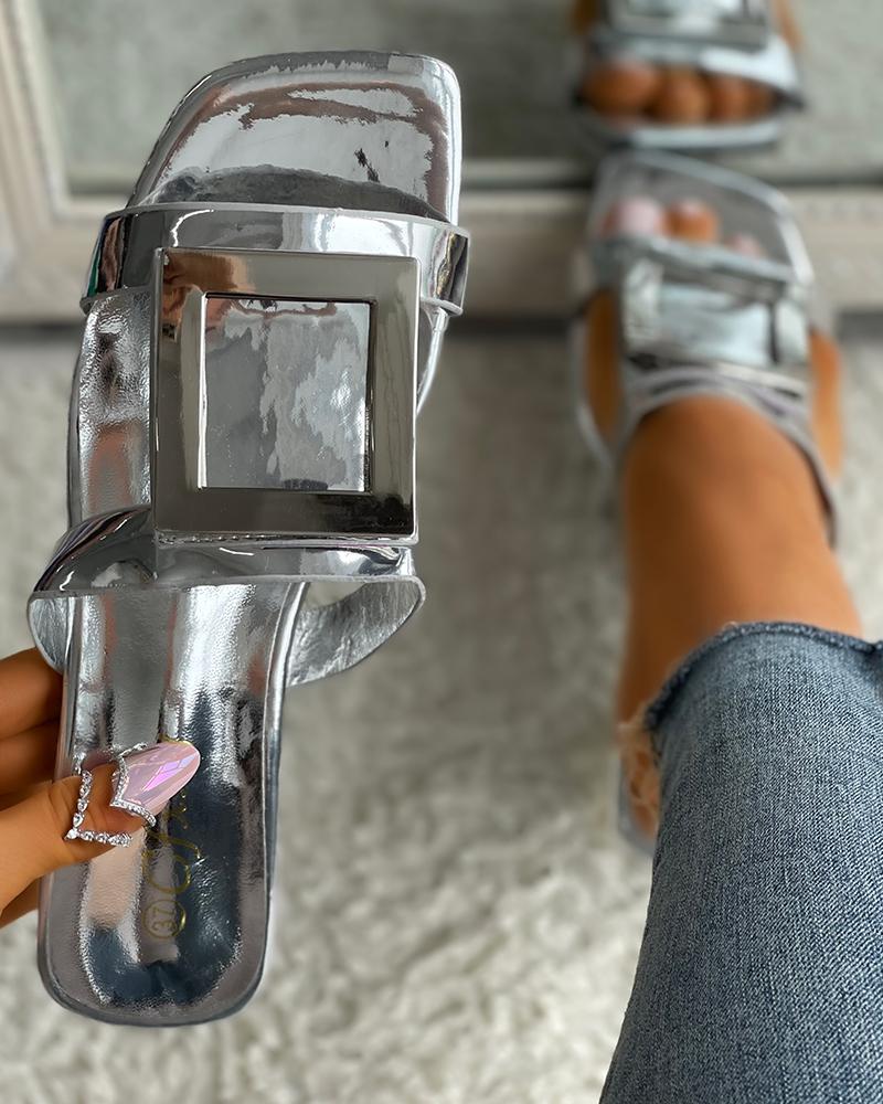 

Geo Metal Decor Square Toe Clear Chunky Heels, Silver