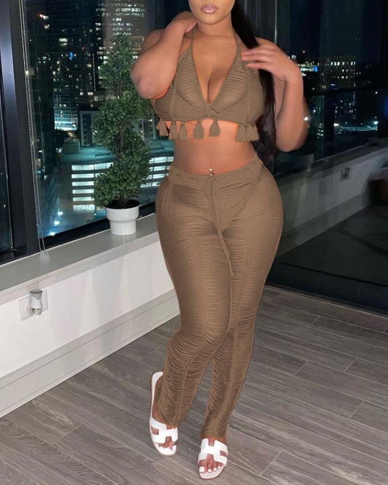 

3PCS Cutout Tassel Detail Bikini Set With Cover Up, Khaki