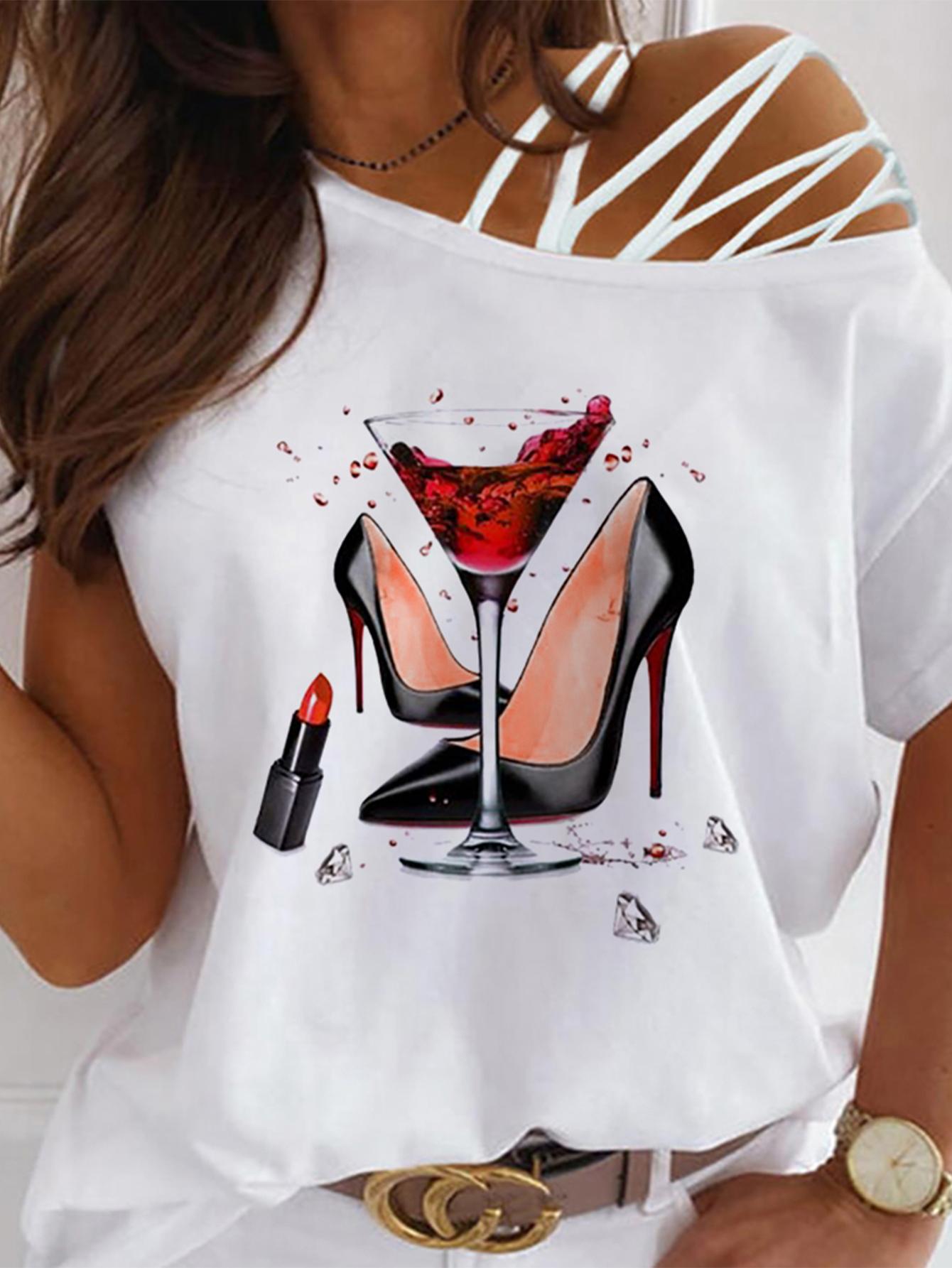 

Heels Graphic Print One Shoulder Lace-Up T-shirt, White