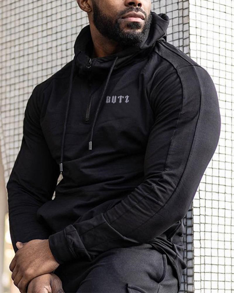 

Solid Logo Print Long Sleeve Hooded Sweatshirt, Black