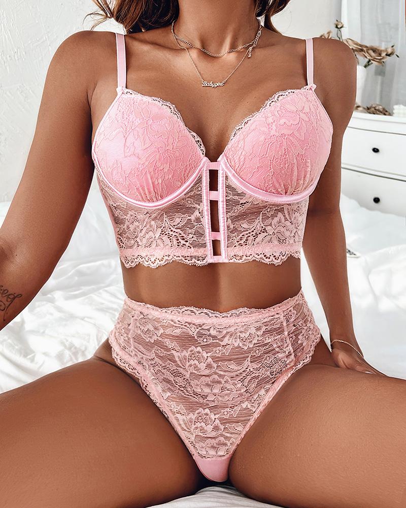 

Lace-up Crochet Lace V-Neck Lingerie Set, Pink