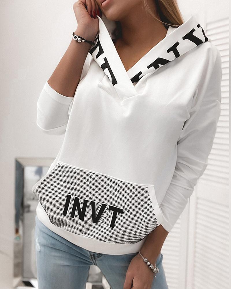 

Letter Print Pocket Design Hooded Top, White