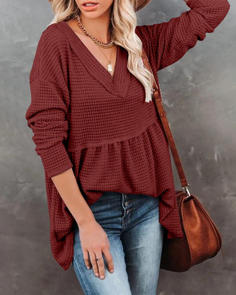 

Long Sleeve Waffle Knit V-Neck Ruched Top, Red