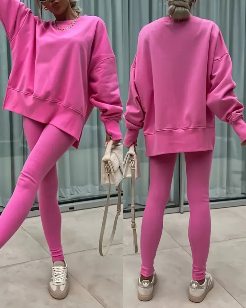 

Ensemble de 2 pièces avec haut à manches longues et col rond et pantalon slim décontracté pour 'entraînement, Hot pink