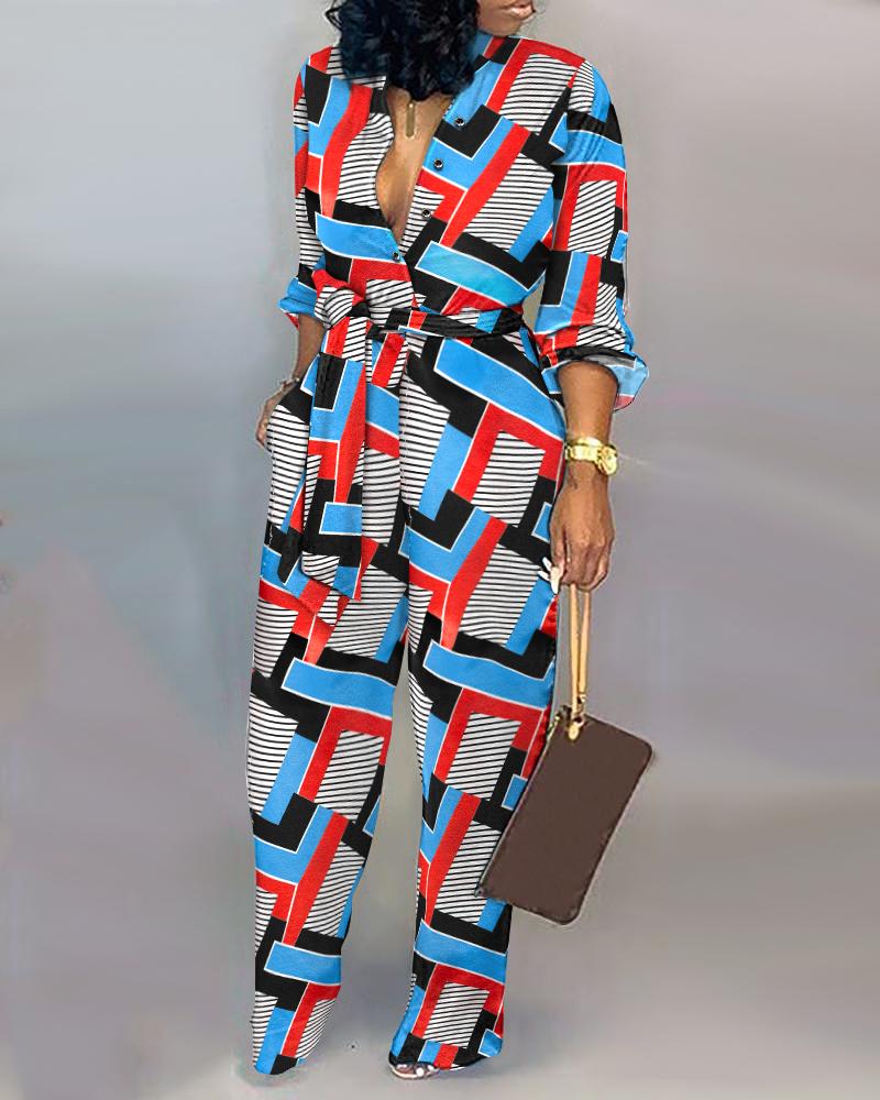 

Geometric Print Button Front Belted Jumpsuit, Blue