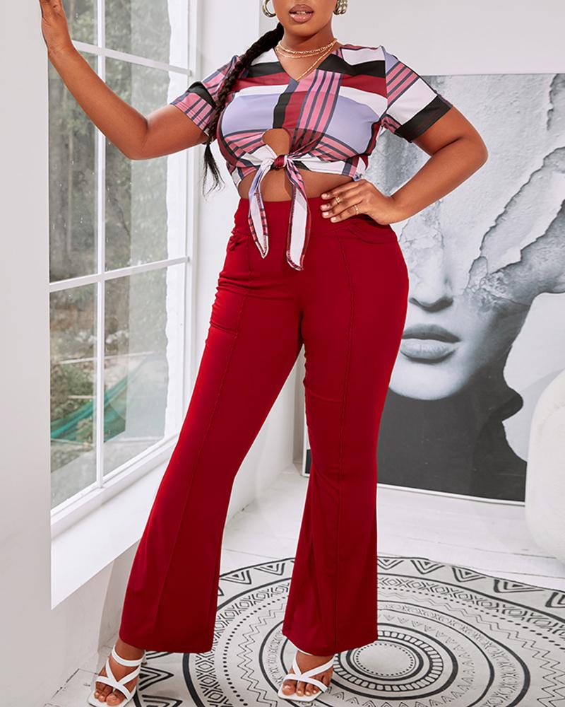 

Plaid Print Tie Front Crop Top & Plain Bootcut Pants Set, Red