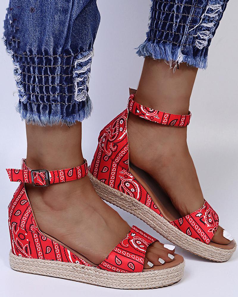 

Round-toe Paisley Print Splicing Buckle Wedge Sandals, Red