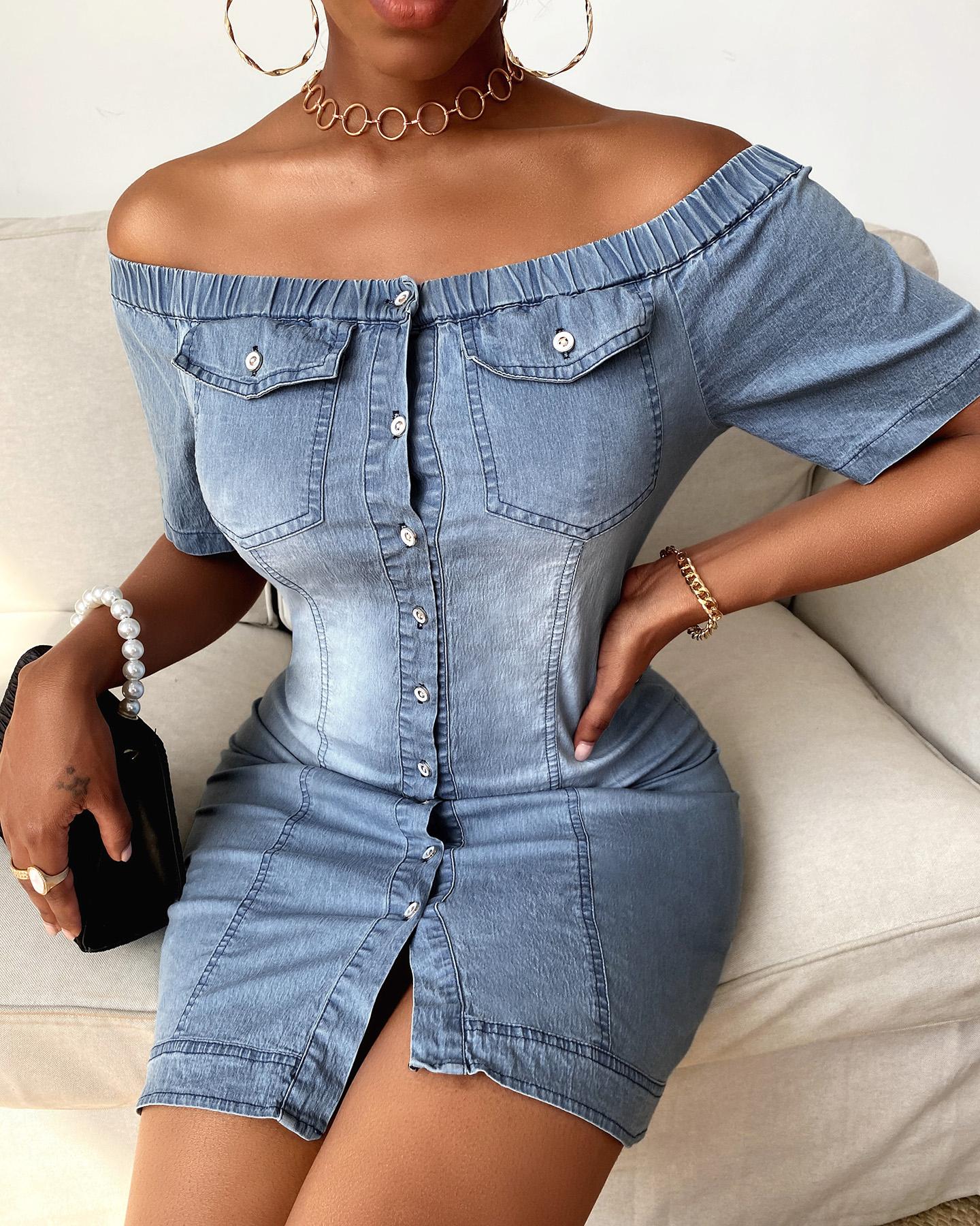

Off Shoulder Buttoned Denim Bodycon Women Dress, Blue