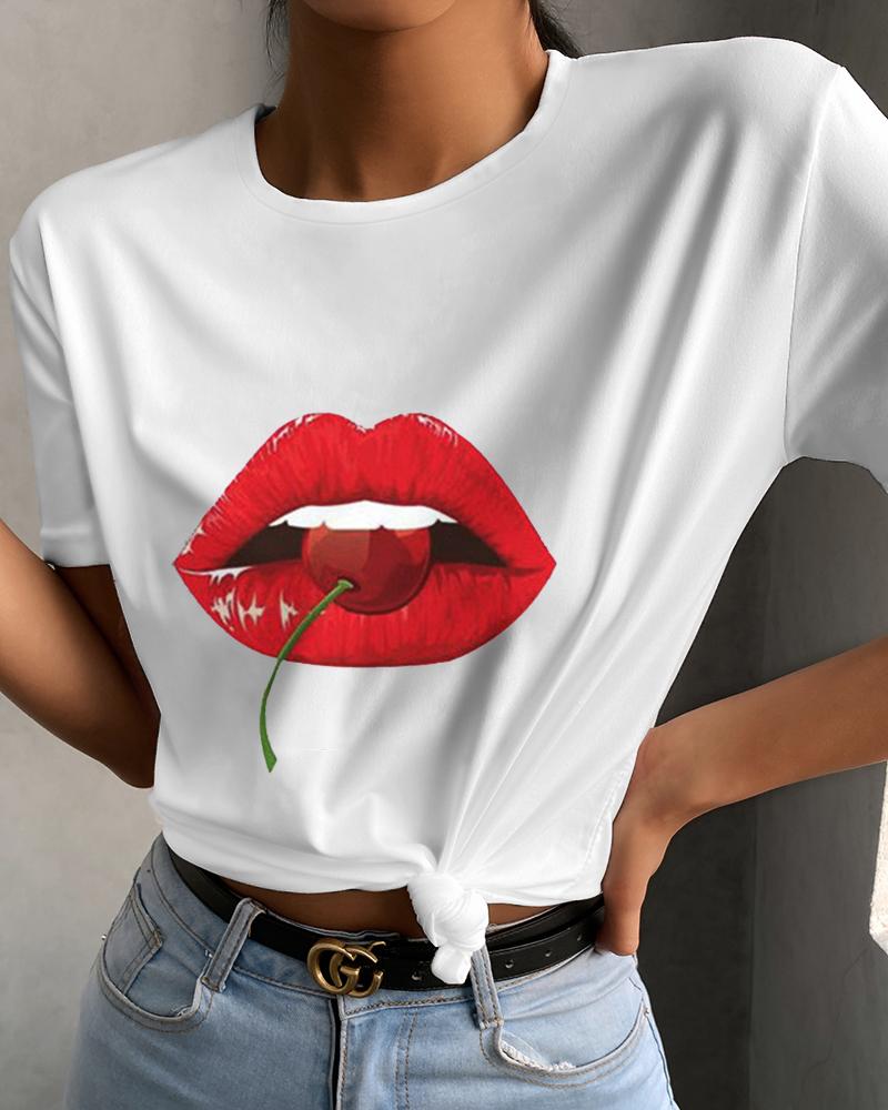 

Lip Print Short Sleeve Casual T-shirt, White