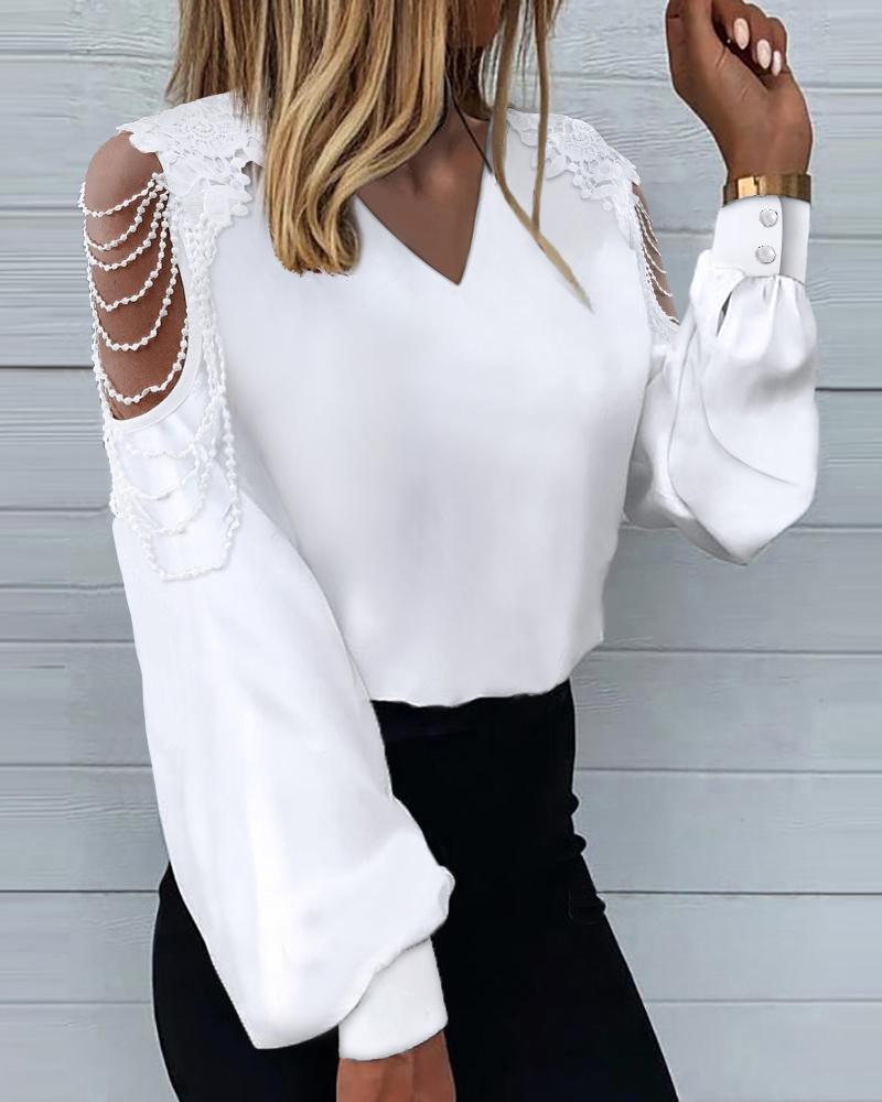 

Contrast Lace Lantern Sleeve Cold Shoulder Top, White