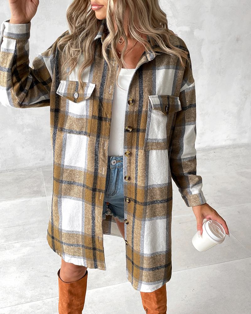 

Plaid Print Pocket Design Buttoned Longline Shacket, Khaki